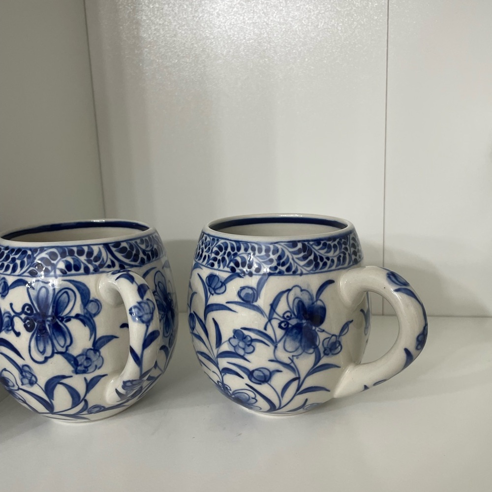 Blue and White Floral Ceramic Mugs Set of 2